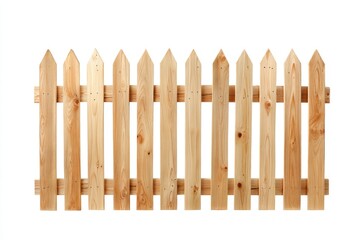 Freshly installed wooden picket fence section with clean cut tops isolated against a white background