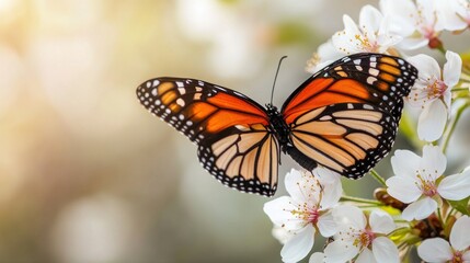 Fototapeta premium Monarch butterfly rests on delicate spring blossoms.