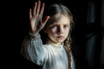 Frightened girl raises hand in stop gesture