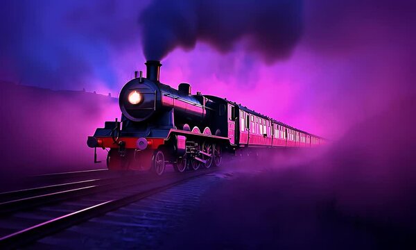 Vintage steam locomotive purple fantasy background