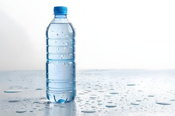 Plastic Bottle Filled with Fresh Mineral Water and Drops on a Reflective Surface