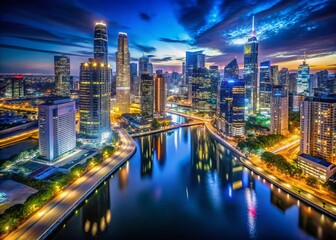 Obraz premium Night City Lights Reflection Aerial Photography - Stunning Urban Skyline at Dusk