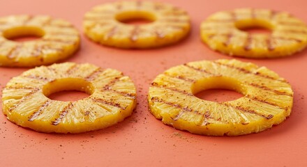 Grilled pineapple rings with grill marks arranged on a peach surface.