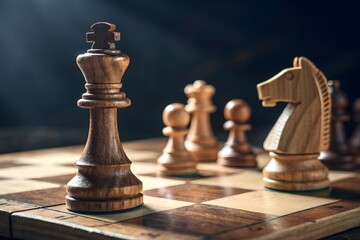 Wooden Chess Pieces on Board with King in Focus, Strategic Game, Closeup, Indoors