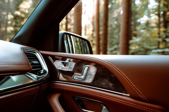 Fototapeta Close up of luxury suv brown leather interior with chrome accents and forest background