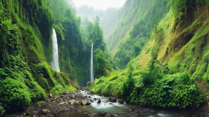 Lush waterfall cascading through a verdant valley