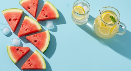 Refreshing watermelon slices and lemon infused water on a blue background