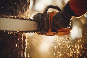 Tree cutting with chainsaw in active motion