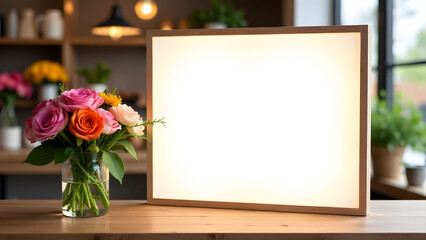 Mock up. Blank menu in wooden frame on table surrounded by flower vases in cozy cafe interior, concept of cafe branding, restaurant decor