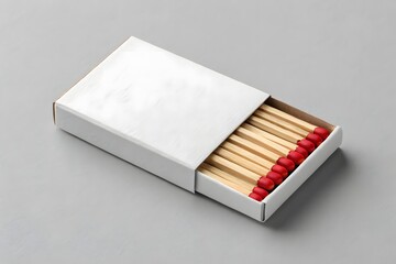 White Cardboard Matchbox Full of Matches with Red Tips on a Light Gray Surface