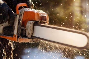 Tree cutting with chainsaw in active motion