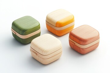 Four colorful wooden square food containers arranged on a plain background.