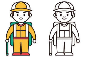 Cartoon Man in Uniforms Holding Stick with Color and Outline Versions on White