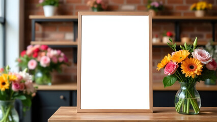 Mock up. Blank white sign in wooden frame on table surrounded by flower vases in floral shop interior, concept of wedding decor, branding flower business