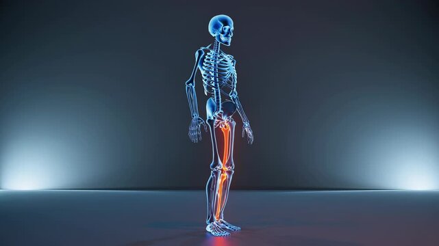Human anatomy exploring skeletal system, joints, and bones of hip joint. Knee arthroscopic cruciate ligament. inflamed human knee joint, highlighted with an orange glow, bone structure details.