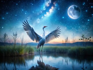 Fototapeta premium Night Photography: Crane Silhouette Against Starry Sky