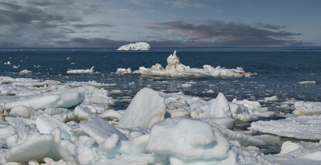 Russia. The western coast of Sakhalin Island. The picturesque last ice in the spring Sea of Okhotsk.