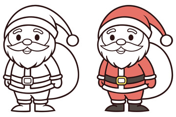 Line art Santa Claus holds sack. Festive holiday cheer outlines on white