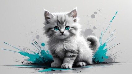 Adorable Fluffy Kitten with Bright Blue Eyes &ndash; Hyperrealistic Cat Portrait in Artistic Paint Splash Style, High Resolution Digital Animal Art, Cute Pet Illustration for Decor