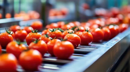 High resulation image of ripe tomatoes on a conveyor belt being processed in a modern food production factory.