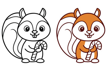 Squirrel Holding Candy Cane with Outline and Colored Version
