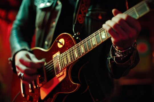 Musician performing on guitar in pub or restaurant