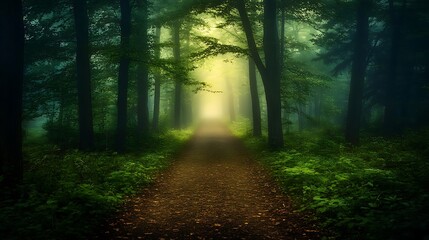 Naklejka premium Misty forest path leading to a luminous clearing.