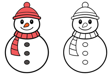 Snowman Clipart with Red Hat and Scarf, Line Art
