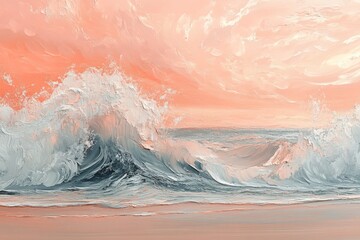 Fototapeta premium Soft, pastel hues depict crashing waves at dawn.