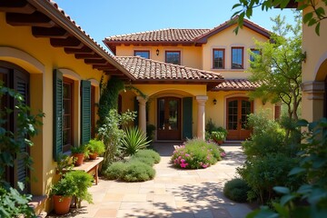 Fototapeta premium Mediterranean-Style Home with Lush Landscaping and Clay Tile Roof, Front Courtyard View 