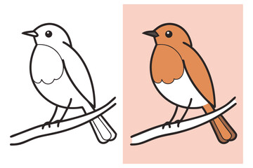 Cute Cartoon Robin Bird Sitting on Branch Illustration, Color and Outline Style