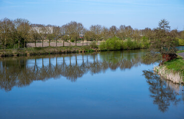 Tree reflections in the river Lys or Leie in Wervik, West Flanders, Belgium