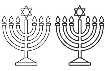 Two linear outline Menorahs with Star of David on white background for Hanukkah