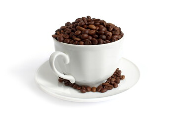 On a white background there is a white cup with black coffee in the form of a grain.