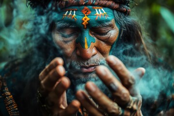 Fantasy shaman leading ayahuasca ritual ceremony