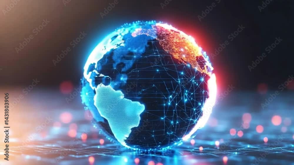 Poster Global Network: A futuristic depiction of Earth, illuminated with vibrant glowing lines representing a global network, signifying connection, communication, and the digital age. 