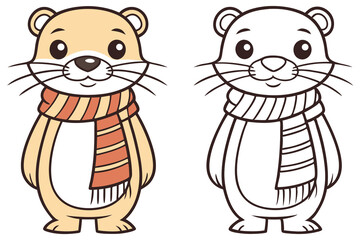 Cartoon Otter Wearing Striped Scarf Stand with Outline Version on White Background