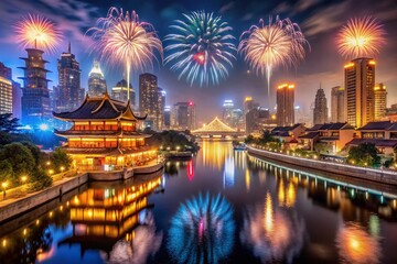 Nighttime Chinese Cityscape: Fireworks and River Reflections