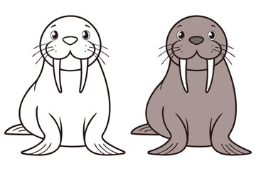 Cartoon Walrus with Color and Line Art Versions on White
