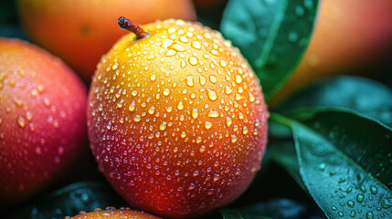 Close-up of fresh mango with water droplets on skin against green leaves background