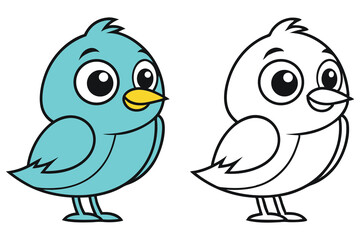 Cartoon Blue Bird with Line Art Version, Isolated on White