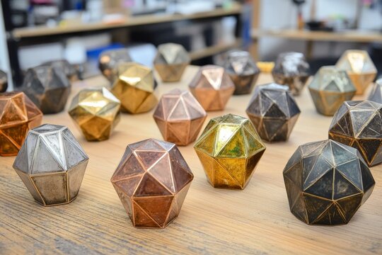 Geometric metal spheres in various hues arranged on a wooden surface.