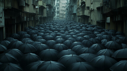 Overhead shot of a peaceful protest in the rain, hundreds of black umbrellas opened