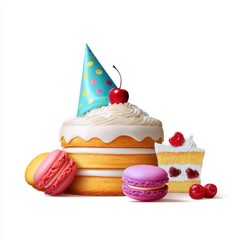 Birthday cake and colorful macarons with party hat