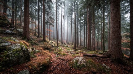 Obraz premium Misty forest path. Sunlight filters through the trees