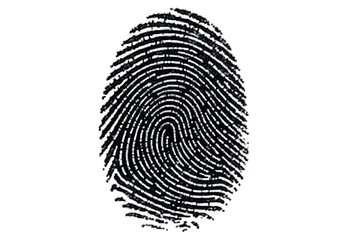 A high-resolution black ink fingerprint on a white background, captured with sharp detail. The fingerprint shows a clear whorl pattern with fine ridge lines and natural smudges for authenticity. 