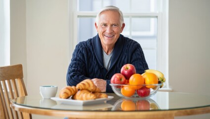 An older man in a blue sweater sits at a table with a variety of fresh fruits and pastries, enjoying a peaceful morning indoors.