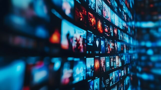 A close-up shot of a screen displaying numerous thumbnails of diverse video content, creating a vibrant and dynamic visual of online media.