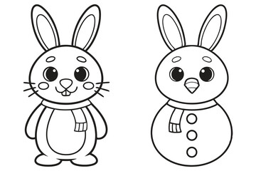 Bunny and Snowman Outlines, Black and White, Cartoon, Isolated on Transparent