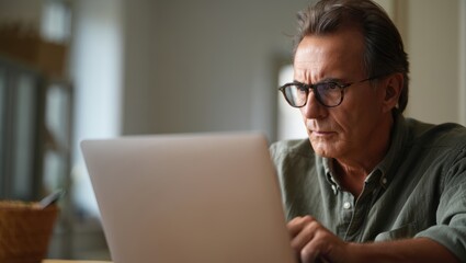 A person sits at a table, focused on a laptop, in a softly lit room with a basket in the background.